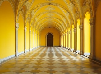 Obraz premium Yellow Arched Corridor with Checkered Floor