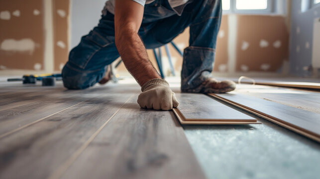 Professional handyman installing laminate flooring in a new apartment