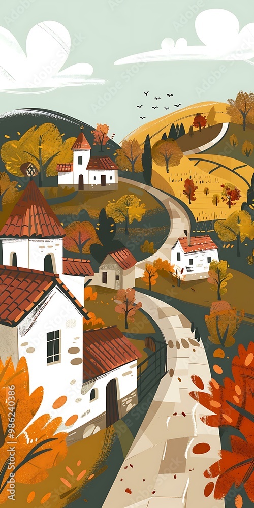 Sticker Autumn Landscape Illustration with Houses and Winding Road