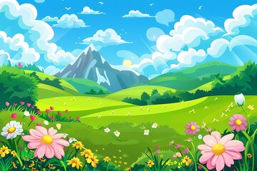Fototapeta premium Beautiful Spring Meadow Landscape With Blue Sky and Mountain