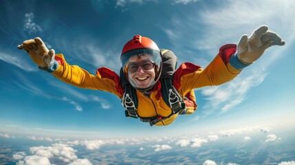 Man skydiving with a parachute, enjoying an exhilarating freefall over scenic clouds and blue sky.