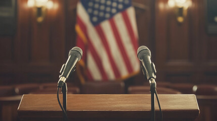 Pulpit with two microphones and flag int he background public speaking politics election press conference