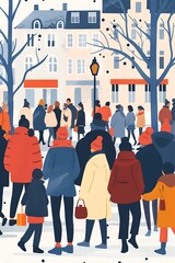 Winter Street Scene with People Walking