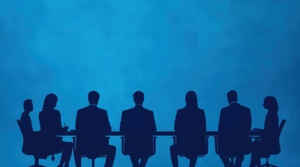 Business team around a conference table with a banner listing leadership principles, business team, foundation of leadership