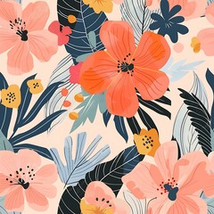Colorful Floral Pattern with Tropical Leaves