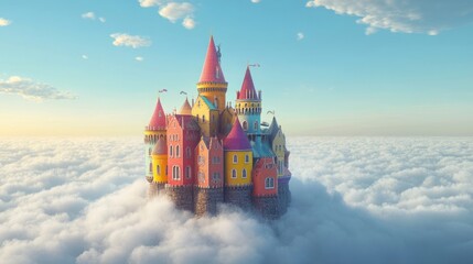 Fototapeta premium A colorful castle floating among clouds in a serene sky.