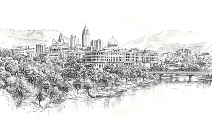 Fototapeta premium Ipoh, Malaysia, black and white pen pencil hand-drawn effect drawing illustration for travel poster, card, wallpaper, backdrop or banner. Modern, clear, artistic and simple