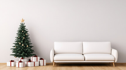 Explore a cozy Scandinavian living room adorned for Christmas, featuring a beautifully decorated tree, gift boxes, and a white sofa, perfect for festive inspiration.