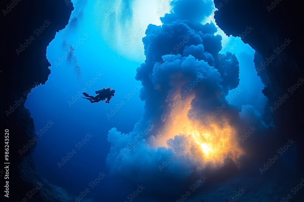 Wall mural diver exploring underwater cave with vibrant blue colors and glowing smoke-like formations during th