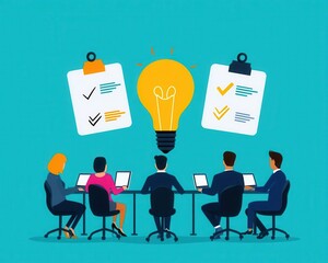 Group of business people brainstorming with a banner of key objectives in the background, goals, collaborative goal setting