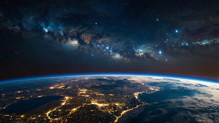 Fototapeta premium Panoramic view of Earth from space glowing city lights, light clouds, and the vibrant curve of the globe