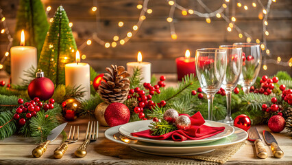 Christmas decorations on a festive table setting, Christmas, decorations, table, holiday, tradition, ornaments