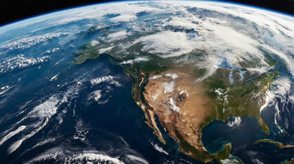 Panoramic view of Earth from space glowing city lights, light clouds, and the vibrant curve of the globe