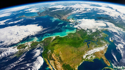 Panoramic view of Earth from space glowing city lights, light clouds, and the vibrant curve of the globe