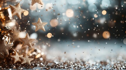 A clustered arrangement of golden glitter stars with a bokeh effect background, conveying a festive and celebratory mood. Ideal for holiday or special occasion designs.