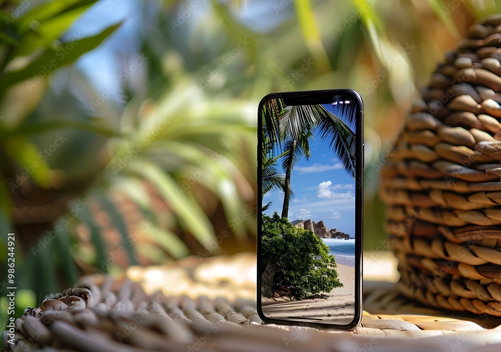 Poster smartphone screen displaying tropical beach scene