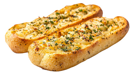 Freshly baked garlic bread isolated on transparent background, PNG file, golden and crispy