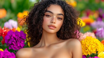 Naklejka premium In a field of flowers, a beautiful woman with curly hair embraces the summer breeze.