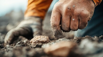 An image showing close-up gloved hands meticulously inspecting a rock sample embedded in dirt, symbolizing thorough examination and precision in geological or archeological fieldwork.