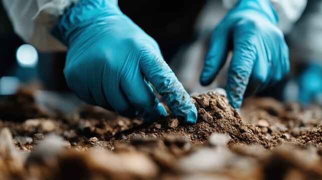 Hands wearing blue gloves meticulously sift through soil in a controlled laboratory environment, symbolizing scientific research, discovery, and the quest for knowledge through detailed study.