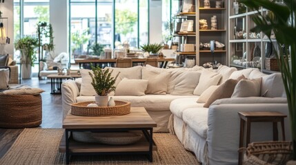 Fototapeta premium Chic Home Decor Inspiration, showcases elegant furniture arrangements and decorative accents, inviting shoppers to revitalize their living environments with fresh ideas.