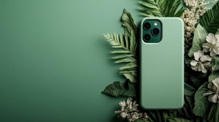 A sleek green phone case artistically placed amidst lush tropical leaves and white flowers, creating a fresh, vibrant, and nature-inspired look, perfect for tech lovers.