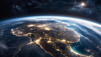 Fototapeta premium Panoramic view of Earth from space glowing city lights, light clouds, and the vibrant curve of the globe