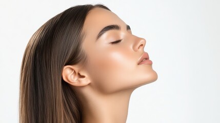 Fototapeta premium Close-up profile of a beautiful woman with flawless skin, straight hair, eyes shut, soft expression, white background