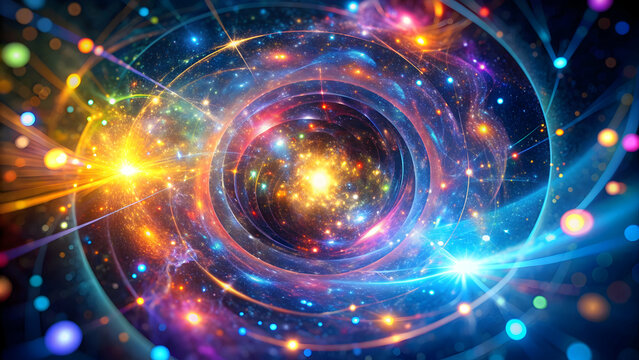 Close-up view inside a theoretical quark showing colorful particles swirling around, quark, physics, subatomic, particle