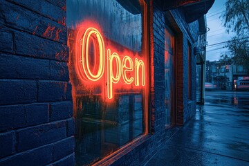 Neon "Open" Sign On Brick And Mortar Storefront - Shop Local Concept By Philip Steury with generative ai