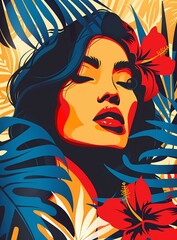 Naklejka premium Woman with Tropical Flowers Illustration
