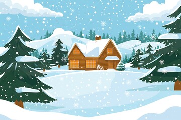 Fototapeta premium Winter Cabin Scene in a Snowy Landscape