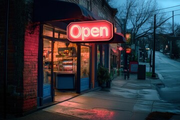 Neon "Open" Sign On Brick And Mortar Storefront - Shop Local Concept By Philip Steury with generative ai