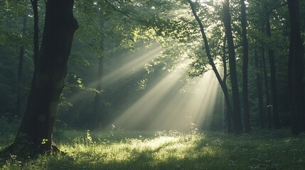 Obraz premium Sunbeams Piercing Through a Misty Forest
