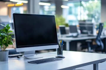 Office desk with desktop computer and business office background with generative ai