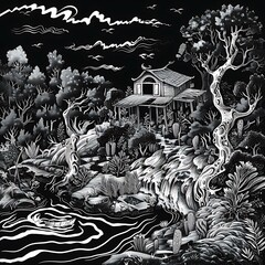Black and White Illustration of a House in the Woods