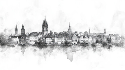 Fototapeta premium Jena, Germany, black and white pen pencil hand-drawn effect drawing illustration for travel poster, card, wallpaper, backdrop or banner. Modern, clear, artistic and simple