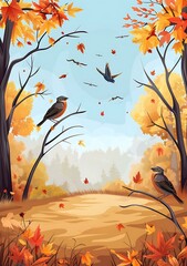 Autumn Forest Landscape with Birds Flying