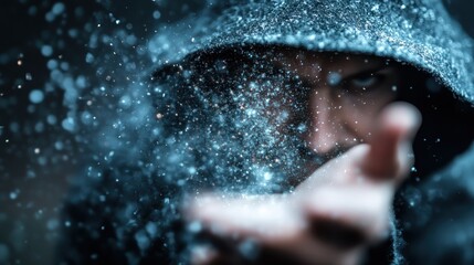 A blurred, cloaked figure stands shrouded in a snowy, mysterious setting, evoking a sense of intrigue and secrecy in a dimly lit environment with swirling snowflakes.