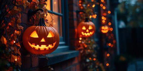 Obraz premium Halloween pumpkins hanging on the wall of a house decorated with lights and orange leaves at night, creating a spooky atmosphere for a Halloween celebration background. 