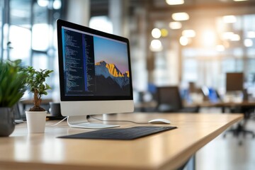 Office desk with desktop computer and business office background with generative ai