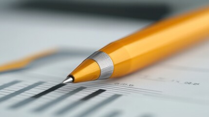 Close-up of a Modern Yellow Mechanical Pencil on a Financial Report with Graphs and Charts
