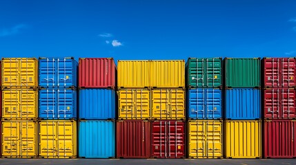 Fototapeta premium Stacks of colorful shipping containers line the port, ready for global movement.