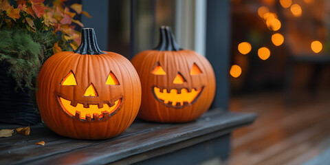 Halloween pumpkins with carved faces on a porch, a Halloween decoration concept.  Close-up of two pumpkin carvings sitting on front window sills, an autumn festive background.