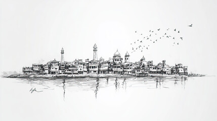 Jessore, Bangladesh, black and white pen pencil hand-drawn effect drawing illustration for travel poster, card, wallpaper, backdrop or banner. Modern, clear, artistic and simple