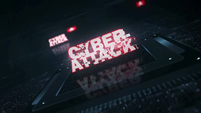 Pirate skull cyber attack USA flag on computer cpu. Darknet and cybercrime banner digital and cyber technology concept animation with glitch.