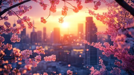 Obraz premium Cherry Blossom Serenity, enchanting springtime scene of cherry blossoms glowing softly, vibrant city skyline in the background, creating a harmonious blend of nature and urban beauty