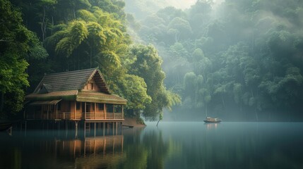 Fototapeta premium 3D Rendering of Asian Wooden House on a Misty Lake in Forest.