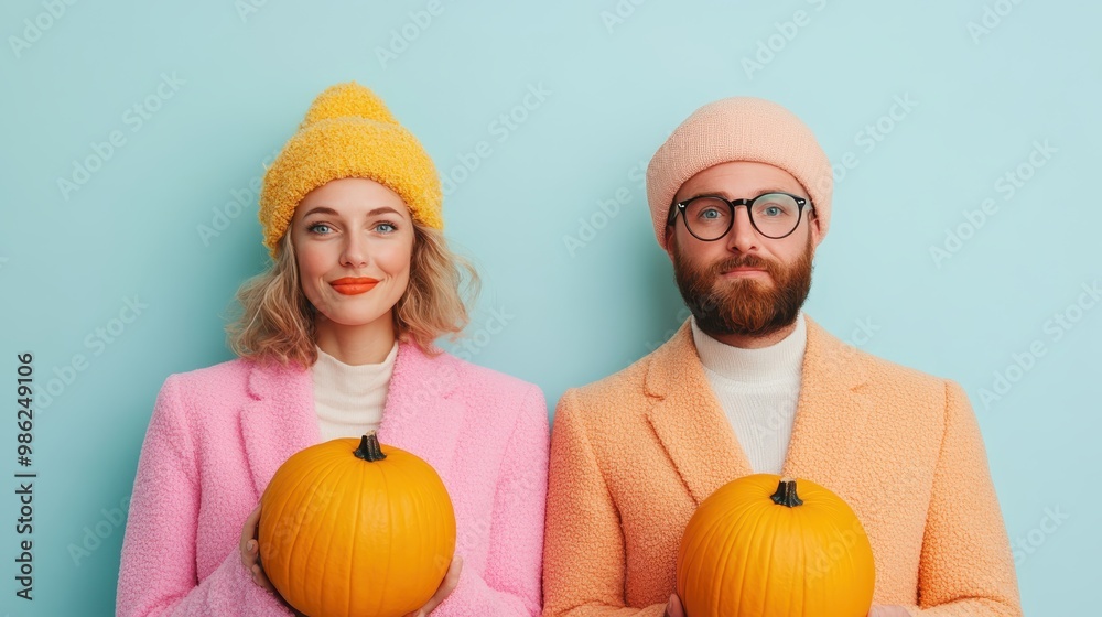 Wall mural Two individuals dressed in bright pink clothing and beanies hold pumpkins against a light blue background, highlighting a lively and whimsical autumn theme with a vibrant color contrast.