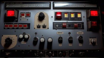 Close-up of a vintage control panel with numerous dials, switches, and glowing indicators, evoking a sense of retro technology and technical expertise.